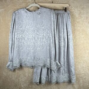 Brownstone Studio 100% Silk Vintage Jacquard Blue Floral Blouse Skirt Set Sz 14